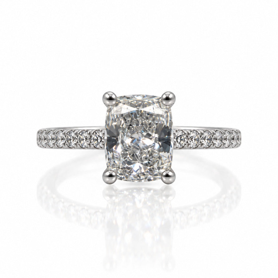 9ct white gold solitaire ring with elongated cushion lab-grown diamond and pavé-set shoulders