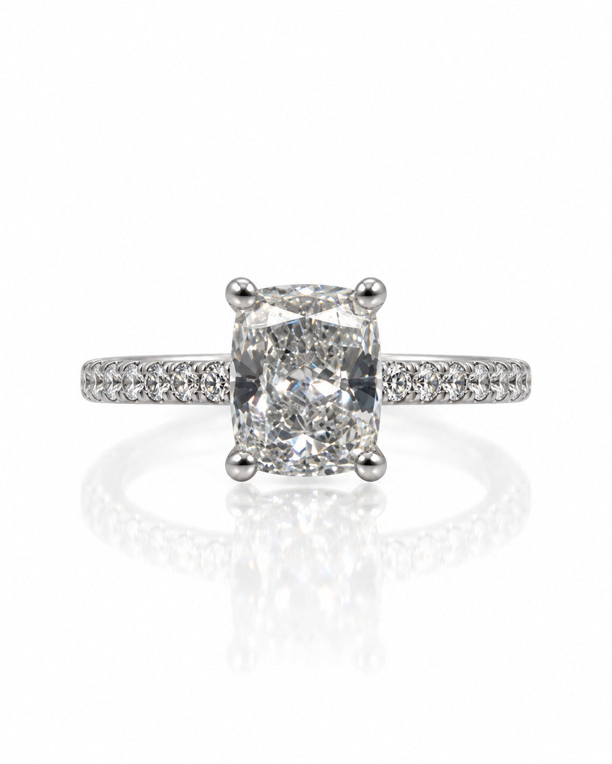 9ct white gold solitaire ring with elongated cushion lab-grown diamond and pavé-set shoulders