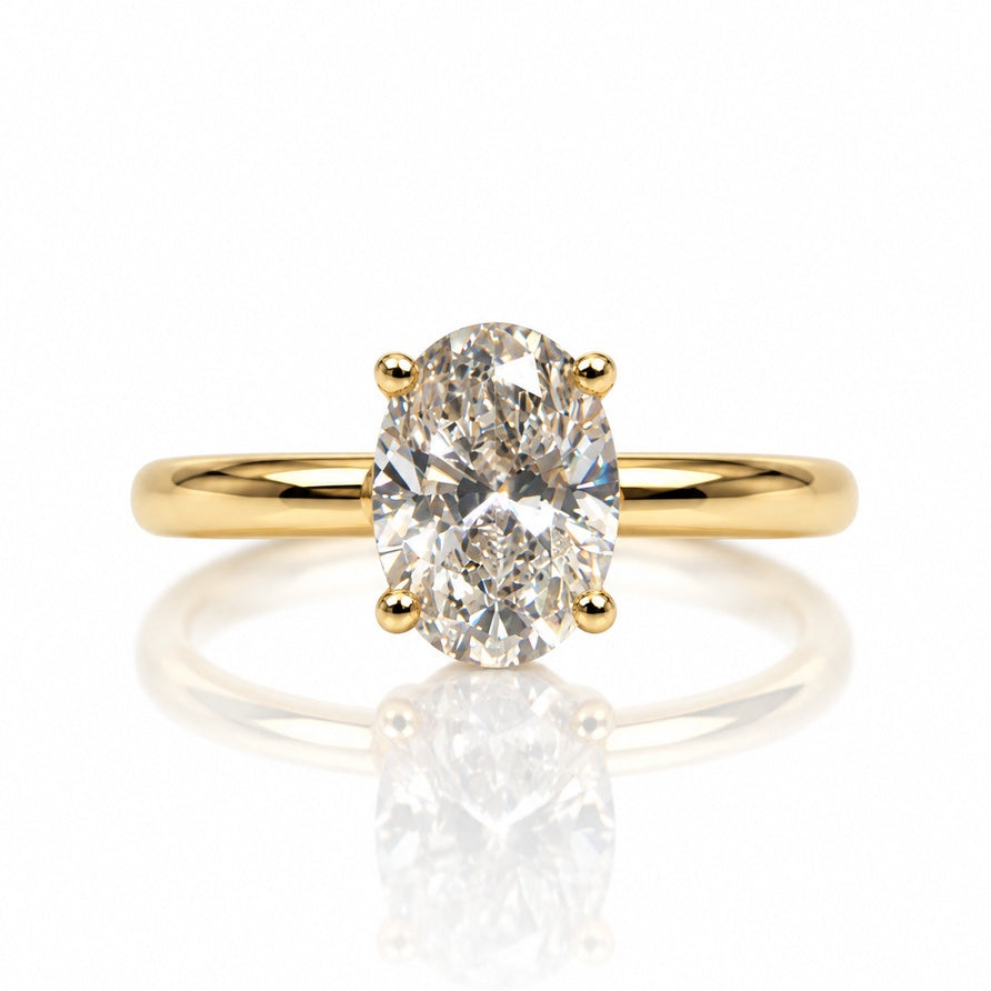 9ct yellow gold hidden halo ring with 1.51ct oval lab-grown diamond in four claws