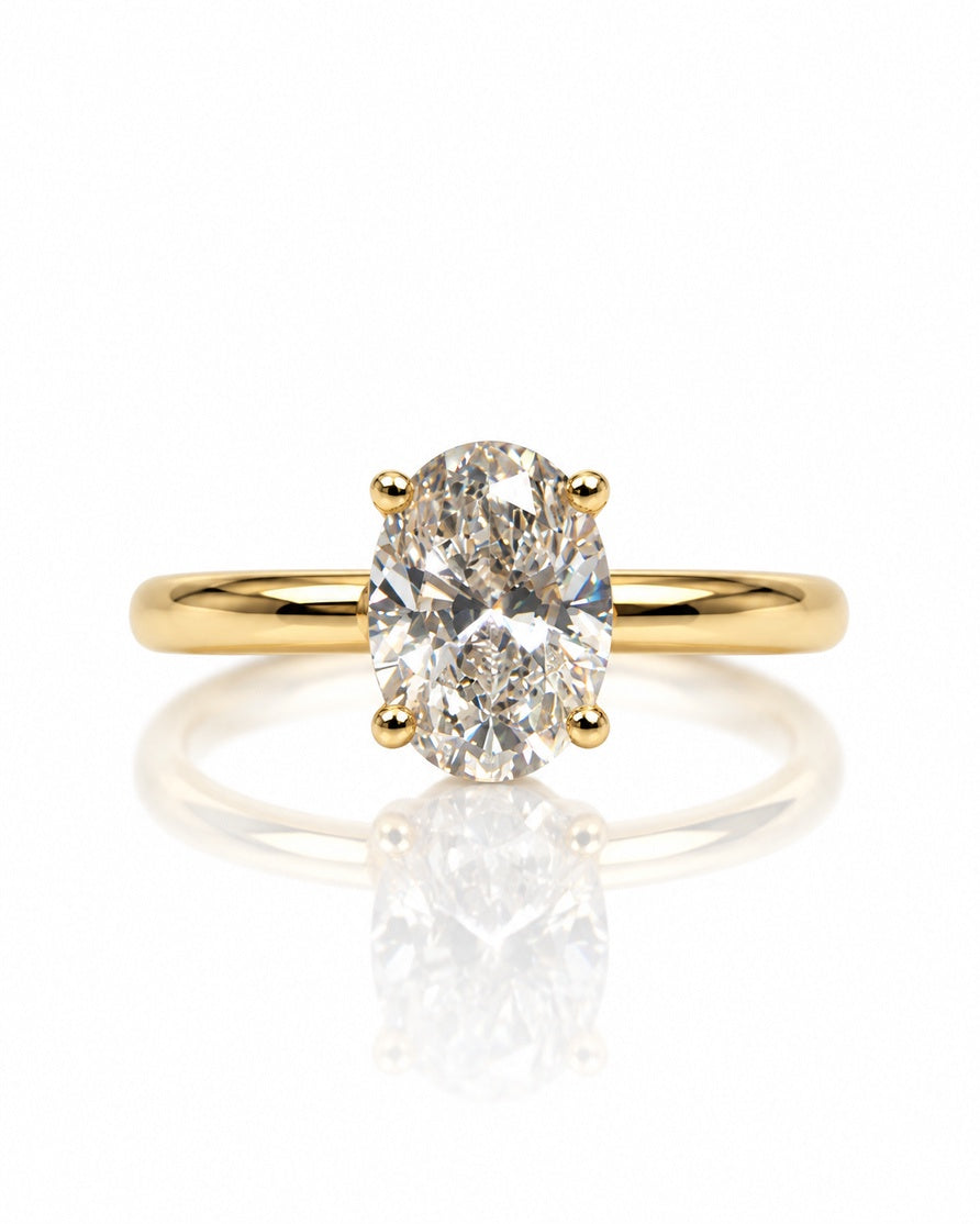 9ct yellow gold hidden halo ring with 1.51ct oval lab-grown diamond in four claws