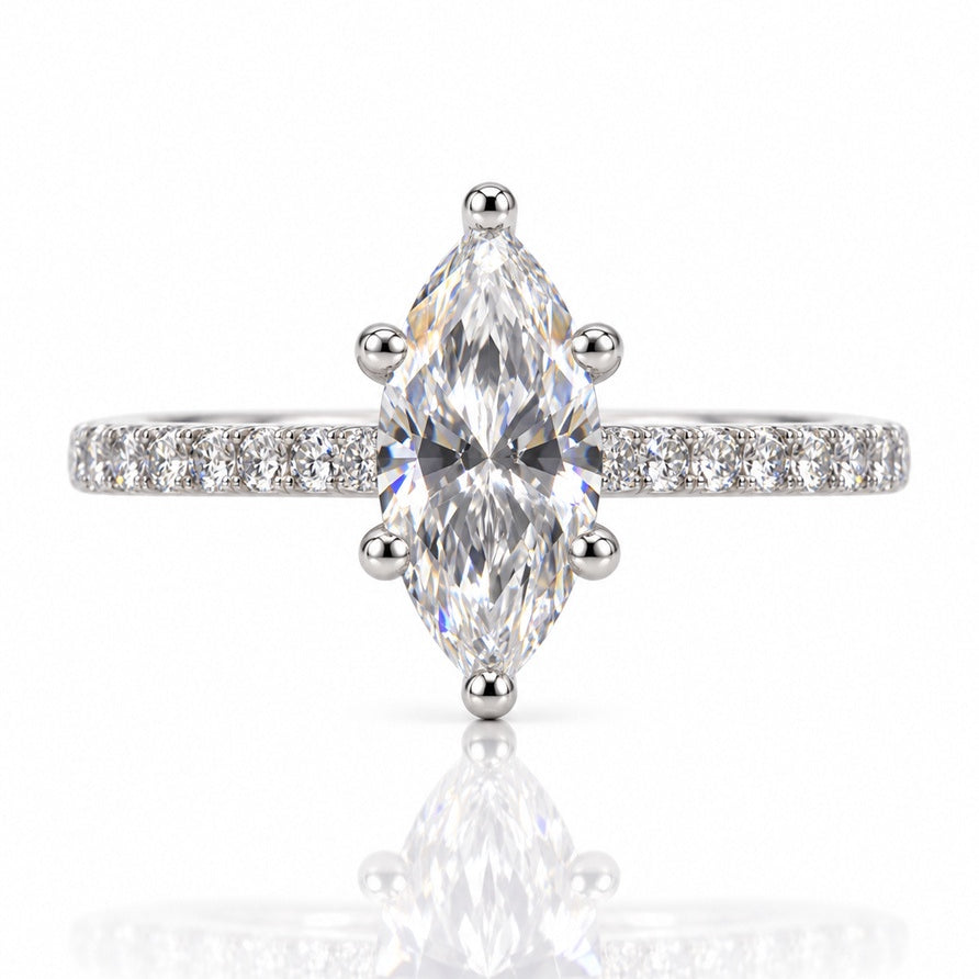 Marquise lab-grown diamond solitaire in 9ct white gold with ball-tipped claws and pavé shoulders