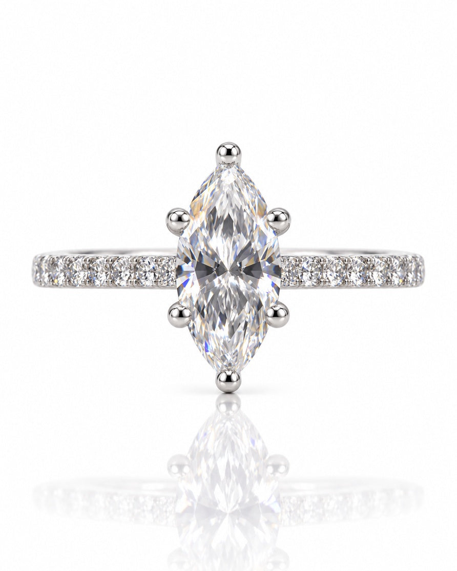 Marquise lab-grown diamond solitaire in 9ct white gold with ball-tipped claws and pavé shoulders