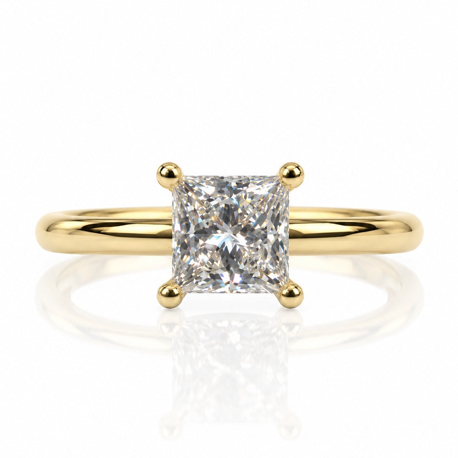 9ct yellow gold solitaire ring with 1.20ct princess-cut lab-grown diamond in four claws