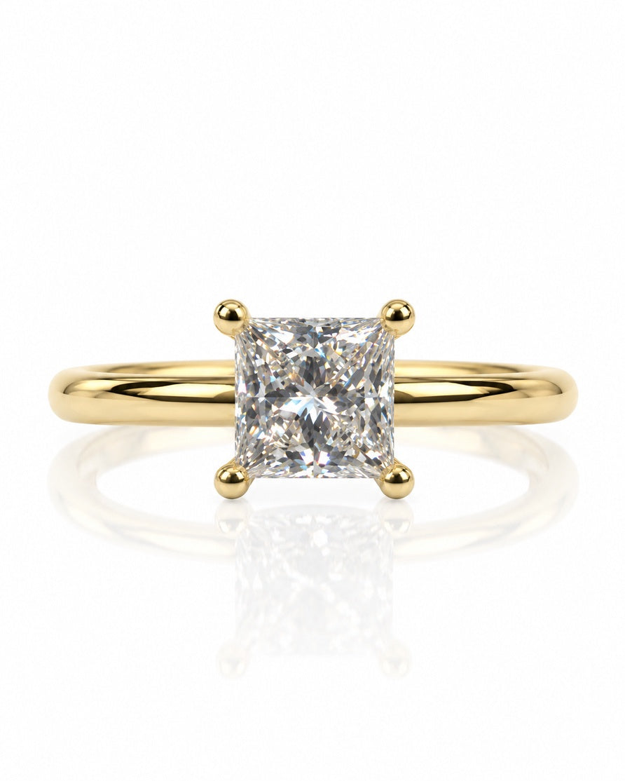 9ct yellow gold solitaire ring with 1.20ct princess-cut lab-grown diamond in four claws