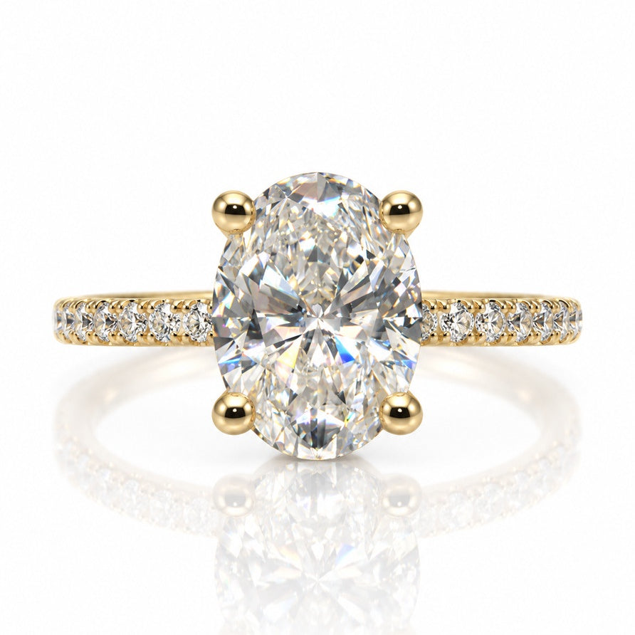 9ct yellow gold hidden halo engagement ring with 2.05ct oval lab-grown diamond and pavé band