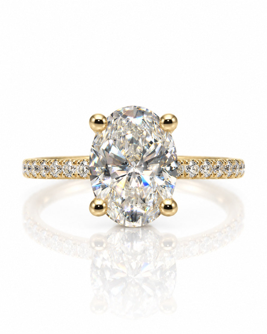 9ct yellow gold hidden halo engagement ring with 2.05ct oval lab-grown diamond and pavé band