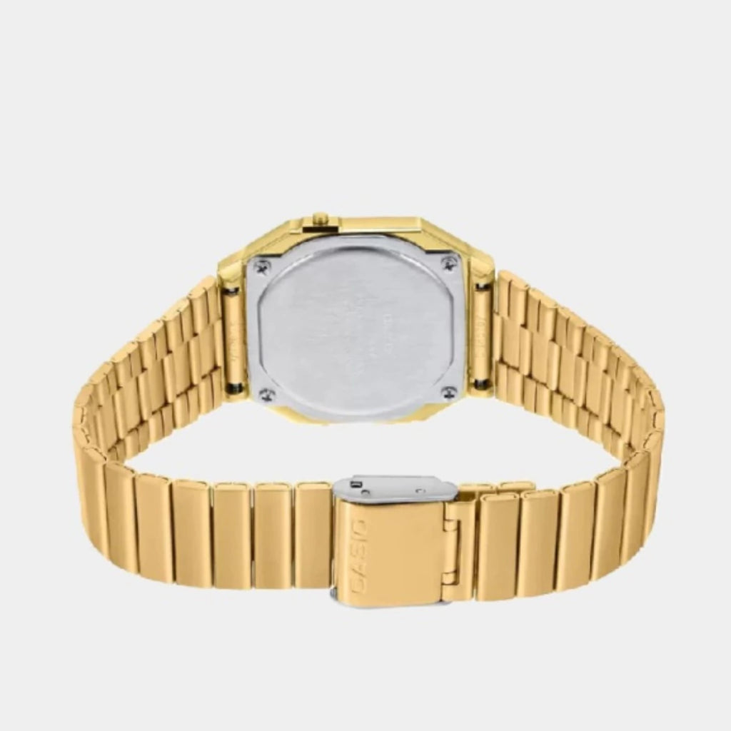 Gold-tone stainless steel bracelet of the Casio A700WEVG laid flat
