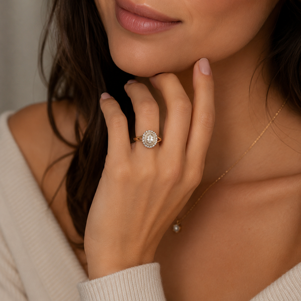 9ct Yellow Gold Oval Halo Diamond Engagement Ring 1102182 - Cassim & Co South Africa
