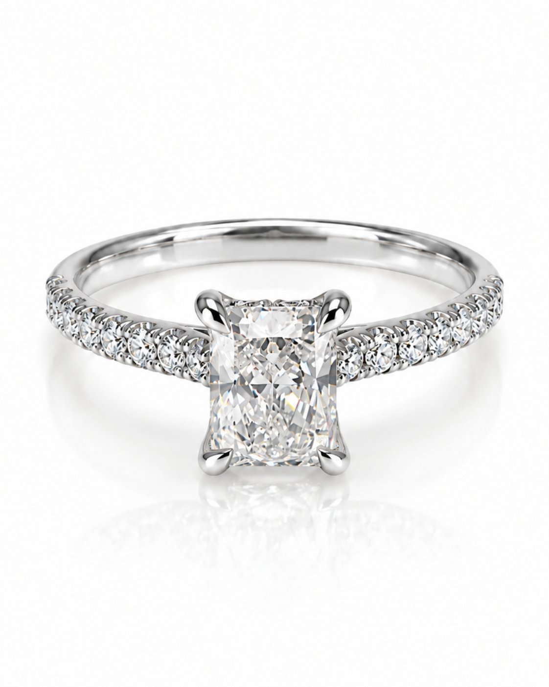 9ct white gold 1.30ct radiant cut lab grown diamond engagement ring with pavé band from Cassims & Co.