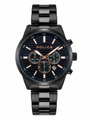 Police chronograph watch front view with black striped dial and three sub-dials