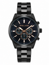 POLICE men's chronograph watch with black ion-plated stainless steel case and bracelet, black horizontal-striped dial with rose gold accents, quartz movement