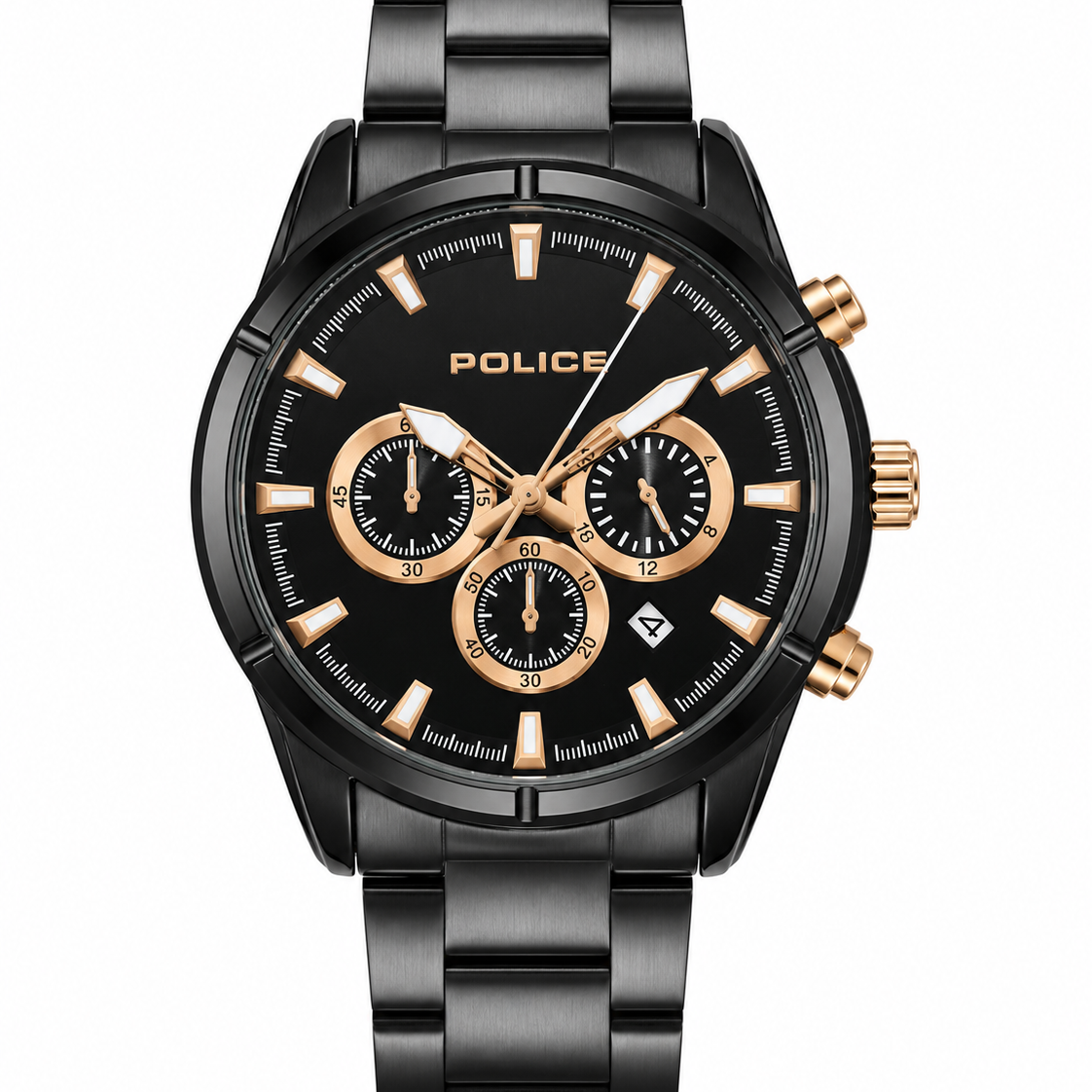 Police chronograph watch front view with black dial and rose gold-tone hands