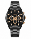 Police PEWGI2241503 mens chronograph watch with 45mm black ion-plated steel case, black dial with rose gold indices and sub-dials, on matching black IP stainless steel bracelet