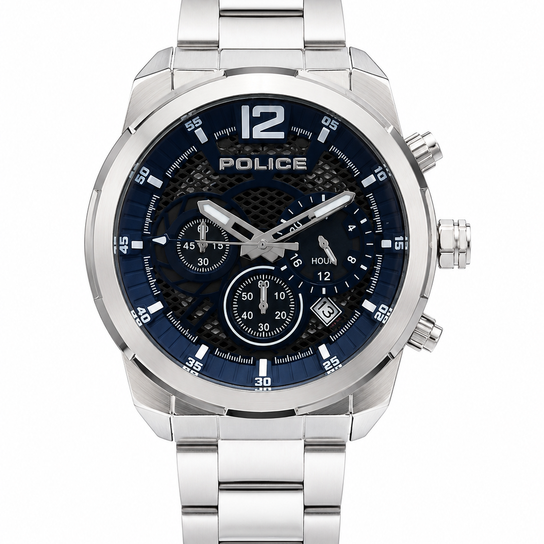 Police chronograph watch with blue dial and stainless steel bracelet, front view