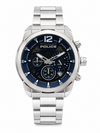 Police quartz chronograph watch with 45mm stainless steel case, blue honeycomb-textured dial, and polished steel bracelet