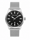 Police quartz watch with 44mm stainless steel case, black dial with date window, and polished mesh bracelet