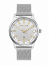 Police Pewgh quartz watch with 43mm round stainless steel case, silver sunray dial with gold-tone applied indices and hands, date window at 6 o'clock, and fine mesh stainless steel bracelet