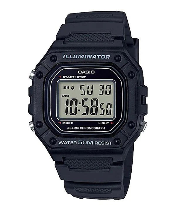 Casio W-218H-1AVDF Digital Illuminator Black Resin Alarm Chronograph Watch (W218H-1AV)