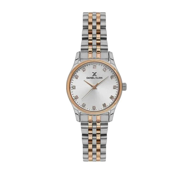 Daniel Klein DK113914-6 two-tone ladies watch with silver sunray dial, rose gold bezel, crystal indices, and stainless steel bracelet