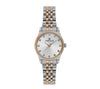 Daniel Klein DK113914-6 two-tone ladies watch with silver sunray dial, rose gold bezel, crystal indices, and stainless steel bracelet