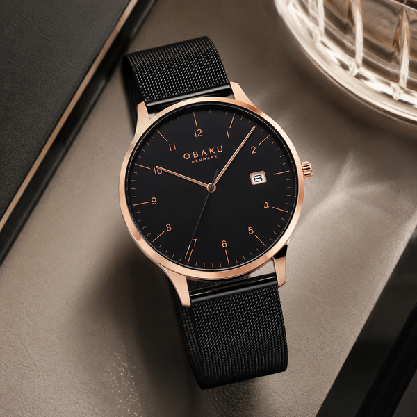 Obaku Chia-Night Quartz Black Dial Rose Gold Case Mesh Bracelet Watch (V298GDVBMB)