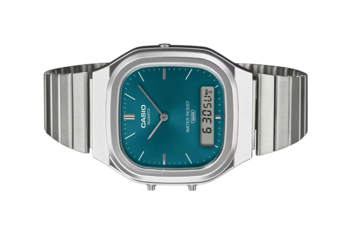 Casio Vintage AQ-240E Dual Time Quartz Ana-Digi Teal Dial Stainless Steel Watch (AQ-240E-3ADF)