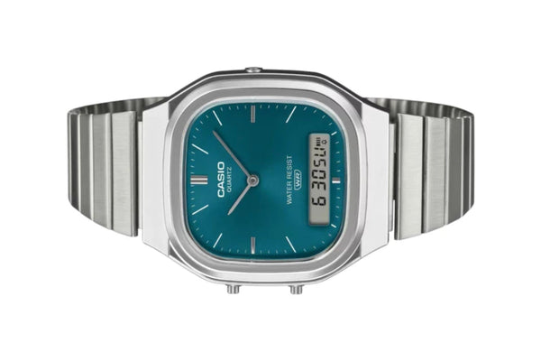Casio Vintage AQ-240E Dual Time Quartz Ana-Digi Teal Dial Stainless Steel Watch (AQ-240E-3ADF)