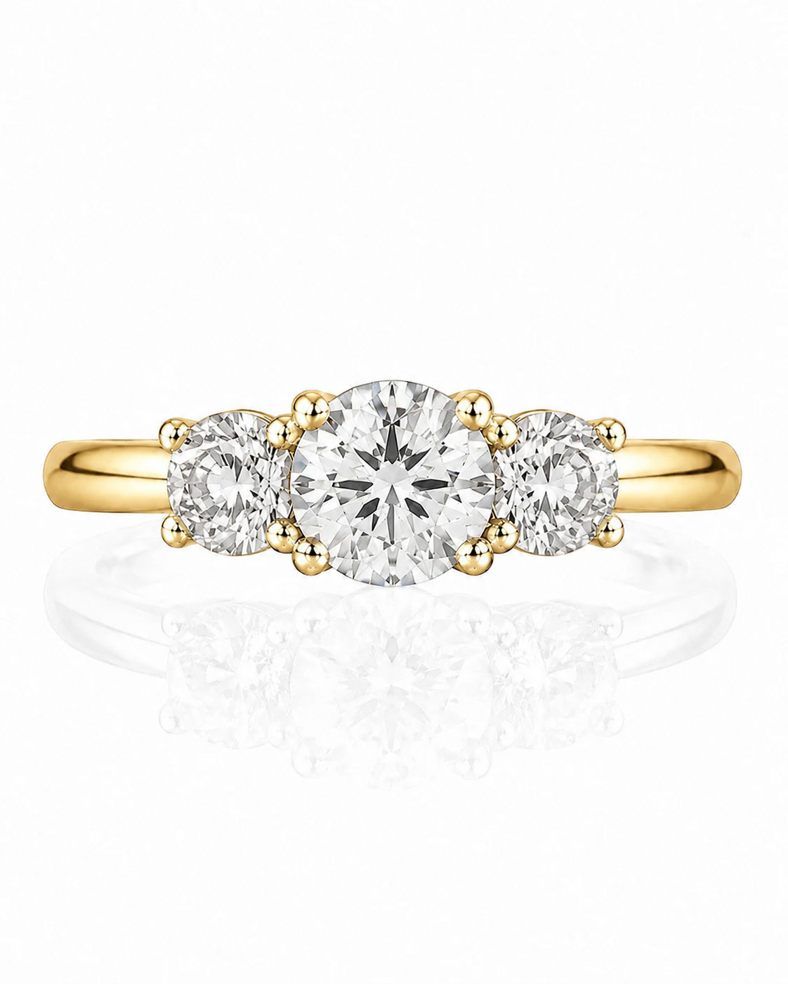 9ct yellow gold three stone lab grown diamond engagement ring with round brilliant stones in four prong settings