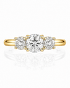 9ct yellow gold three stone lab grown diamond engagement ring with round brilliant stones in four prong settings
