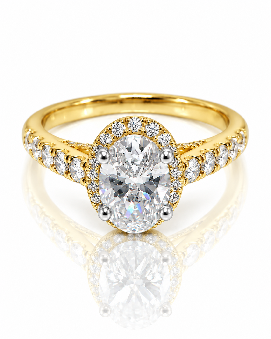 9ct yellow gold oval lab grown diamond halo engagement ring with pavé shoulders on white background