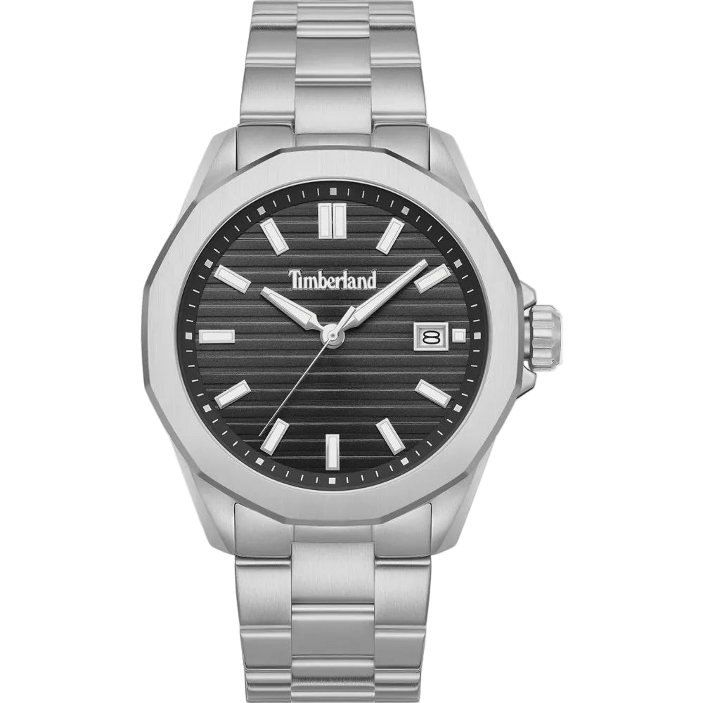 Timberland Bretton Woods quartz watch with 43mm round stainless steel case, black horizontally ribbed dial, date window, and three-link steel bracelet
