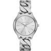 Michael Kors Runway MK7474 women's quartz watch with silver sunray dial and polished stainless steel frozen curb chain bracelet, 38mm case
