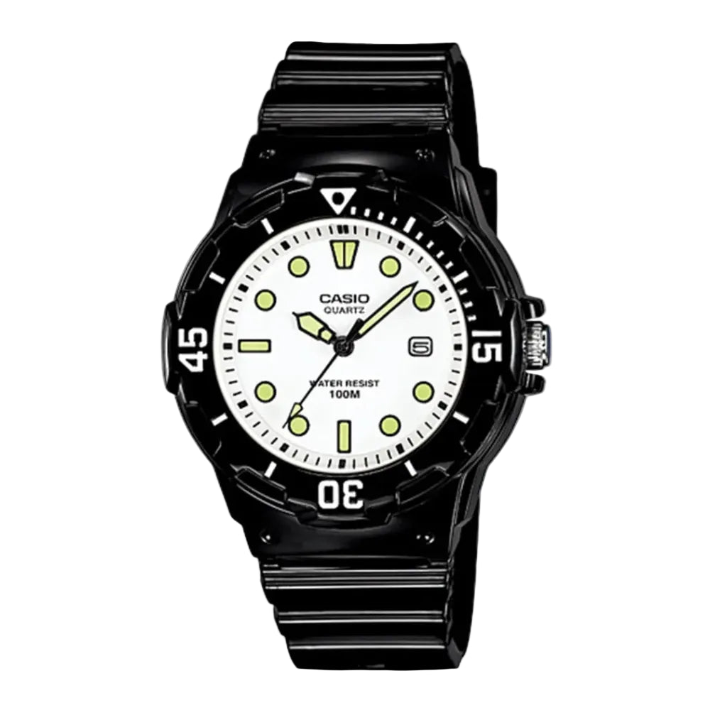 Casio Quartz men's analog watch with a black resin case and strap, featuring a white dial with bright yellow-green luminescent hour markers and hands.
Cassimsandco.