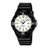 Casio Quartz men's analog watch with a black resin case and strap, featuring a white dial with bright yellow-green luminescent hour markers and hands.
Cassimsandco.