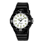 Casio Quartz men's analog watch with a black resin case and strap, featuring a white dial with bright yellow-green luminescent hour markers and hands.
Cassimsandco.