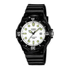 Casio Quartz men's analog watch with a black resin case and strap, featuring a white dial with bright yellow-green luminescent hour markers and hands.
Cassimsandco.