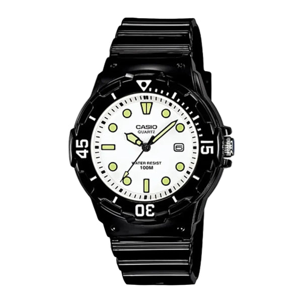 Casio Quartz men's analog watch with a black resin case and strap, featuring a white dial with bright yellow-green luminescent hour markers and hands.
Cassimsandco.