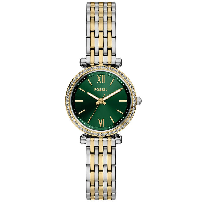 Fossil Carlie Mini ES5439 front view showing green sunray dial and crystal-set bezel