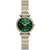 Fossil Carlie Mini ES5295 quartz watch with green sunray dial, crystal-set bezel, and two-tone stainless steel bracelet