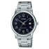 Casio Enticer MTP-V002D black dial watch front view with steel bracelet