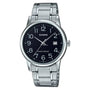 Casio Enticer MTP-V002D black dial watch front view with steel bracelet