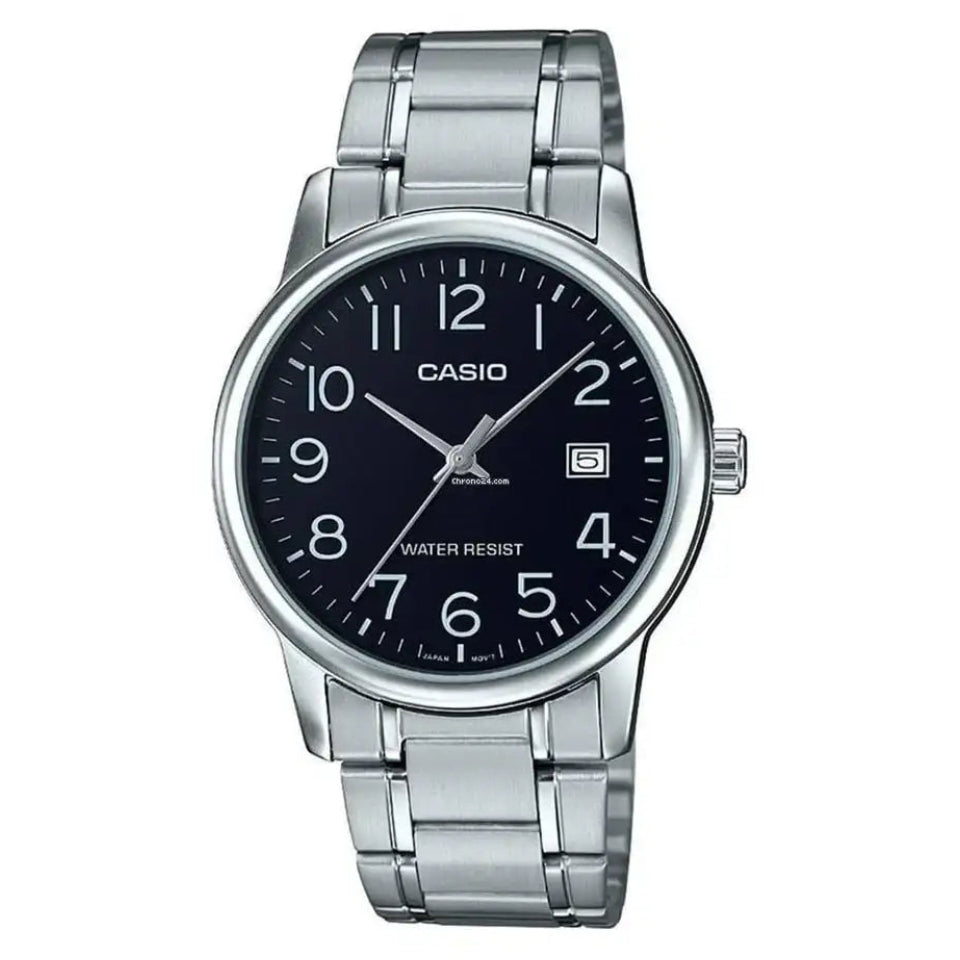 Casio Enticer MTP-V002D black dial watch front view with steel bracelet
