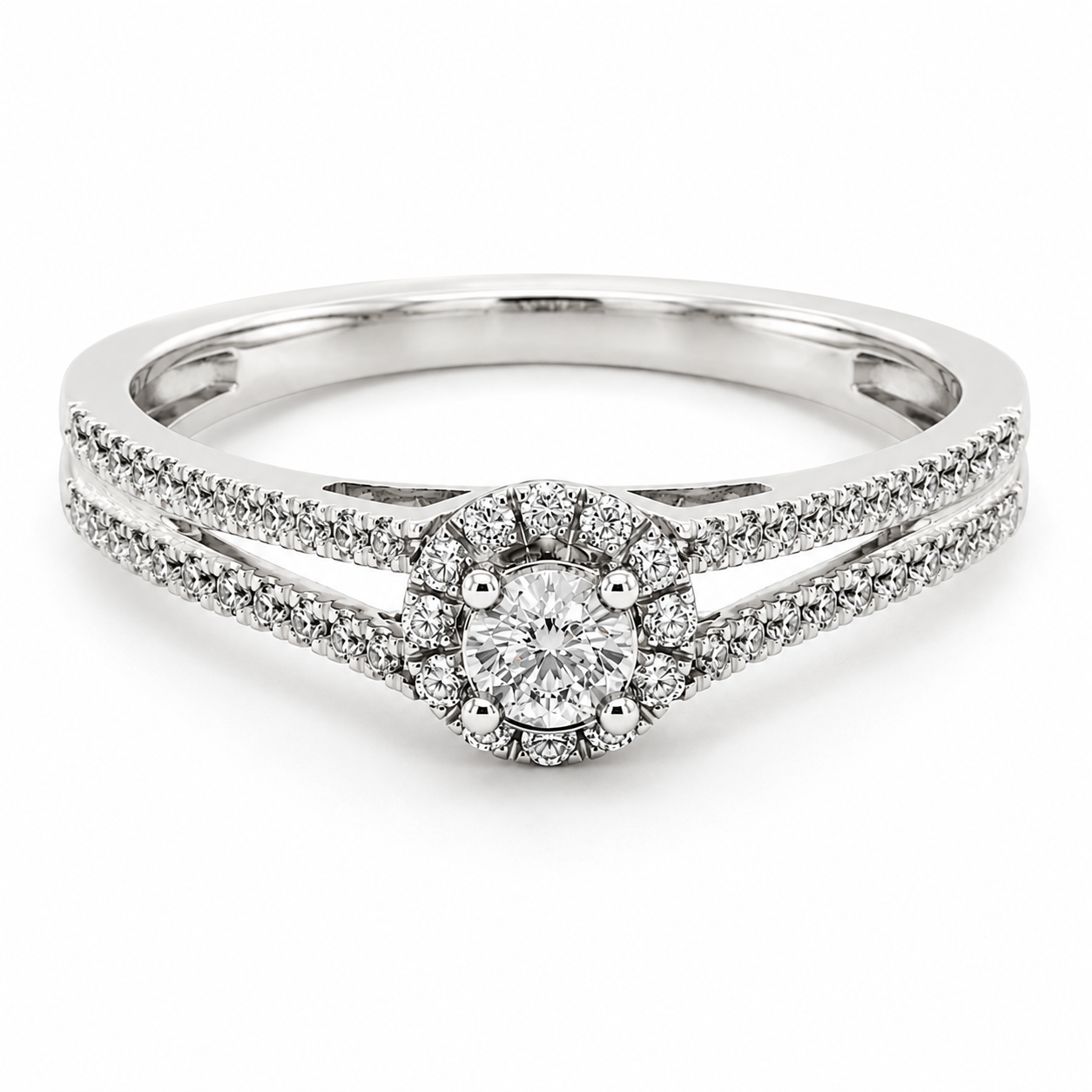 9ct white gold round diamond halo engagement ring with split pavé band by Cassim & Co Johannesburg