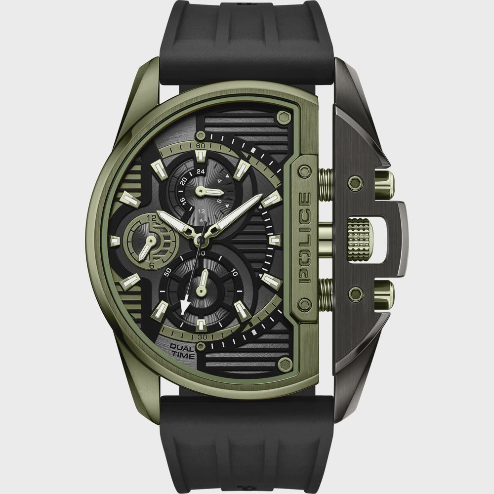 Police Daintree PEWGQ2203608 mens chronograph watch with 48mm cushion-shaped green PVD stainless steel case, black multi-layer dial with dual-time zone sub-dials, and grooved black silicone strap