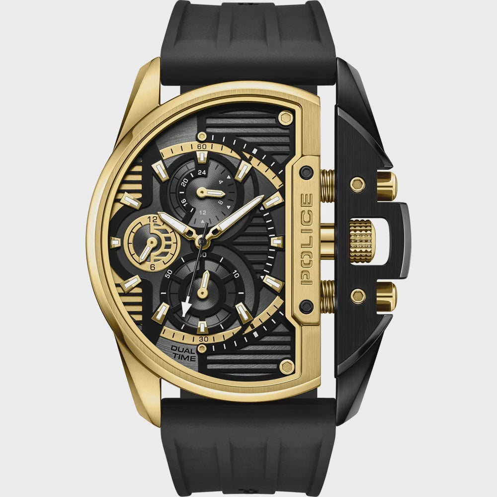 Police Daintree PEWGQ2203606 rectangular gold-tone chronograph watch with black dial and rubber strap