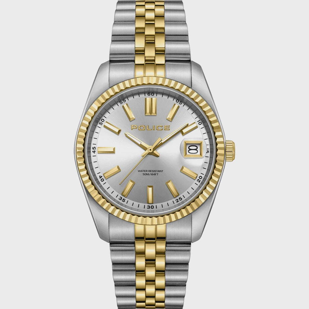 Police Stria Urban PEWGH0001502 two-tone quartz watch with silver sunray dial, date window, fluted bezel, and five-link steel and gold-tone bracelet