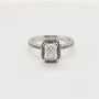 1.00ct emerald cut moissanite halo engagement ring in sterling silver with pavé band by Cassim & Co.