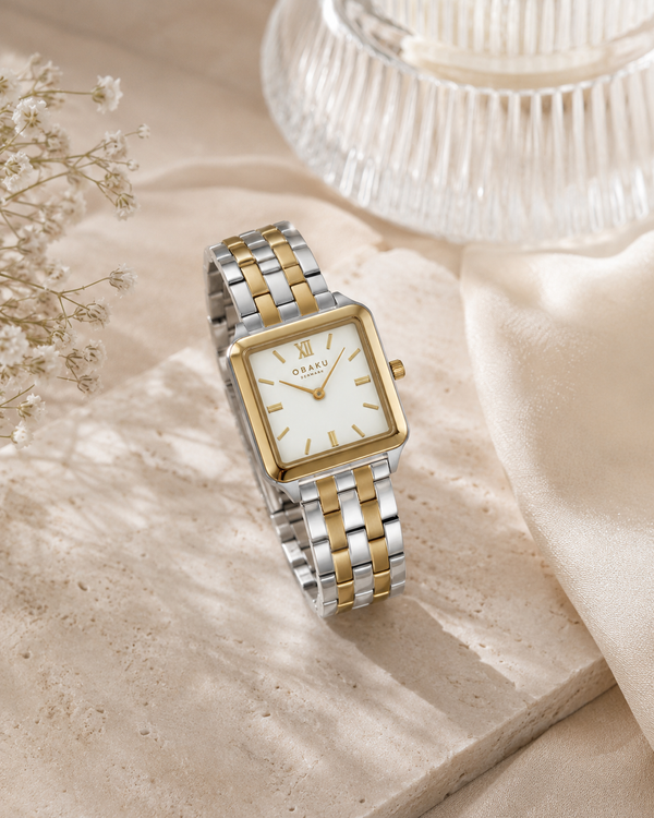 Obaku Graf Butter Quartz Two-Tone Square White Dial Watch (V309LXFWSF)