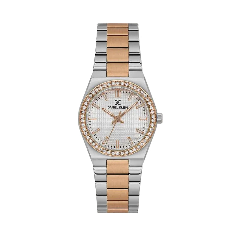Daniel Klein DK.1.13949-6 women's quartz watch with two-tone rose gold and stainless steel bracelet, silver textured dial, and crystal-set bezel