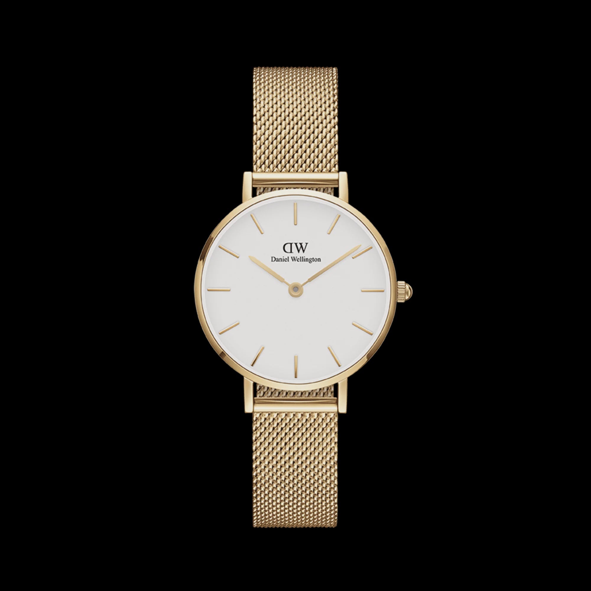 Daniel Wellington minimalist watch with white dial and gold-tone mesh bracelet on black background